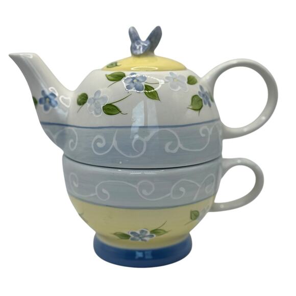 Mesa Intl Blue‎ Yellow floral nesting teapots w/ cup and lid hand painted - Picture 1 of 9